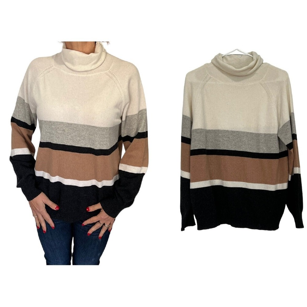 KANGRA CASHMERE WOOL SILK  BEIGE BROWN BLACK STRIPE TURTLENECK JUMPER SWEATER 42